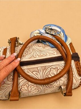 Leather-Trim Floral Embossed Barrel Bag in Tan